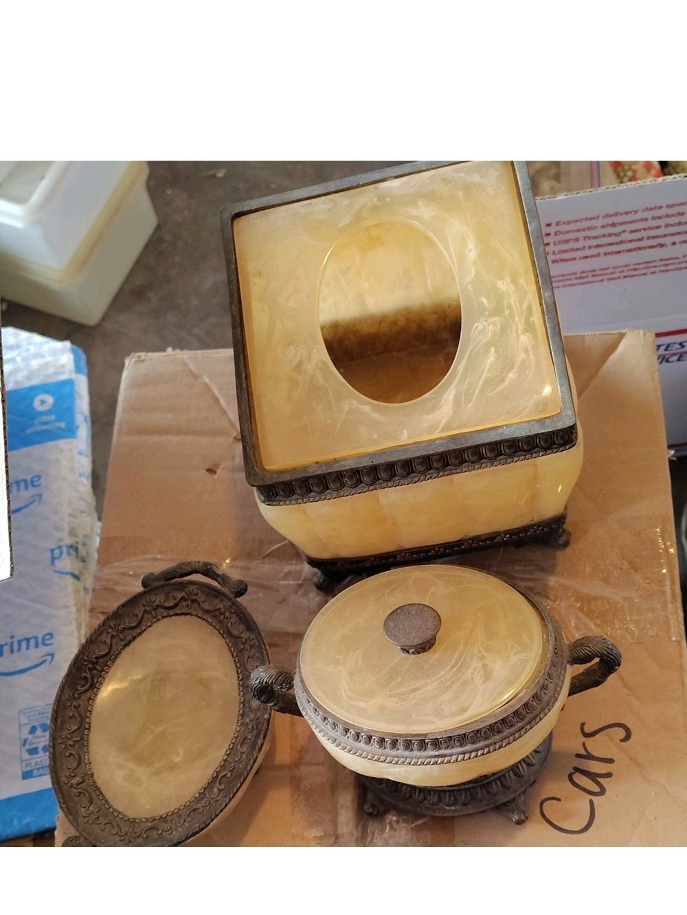 vintage faux marble and brass or bronze-accented bathroom accessory set